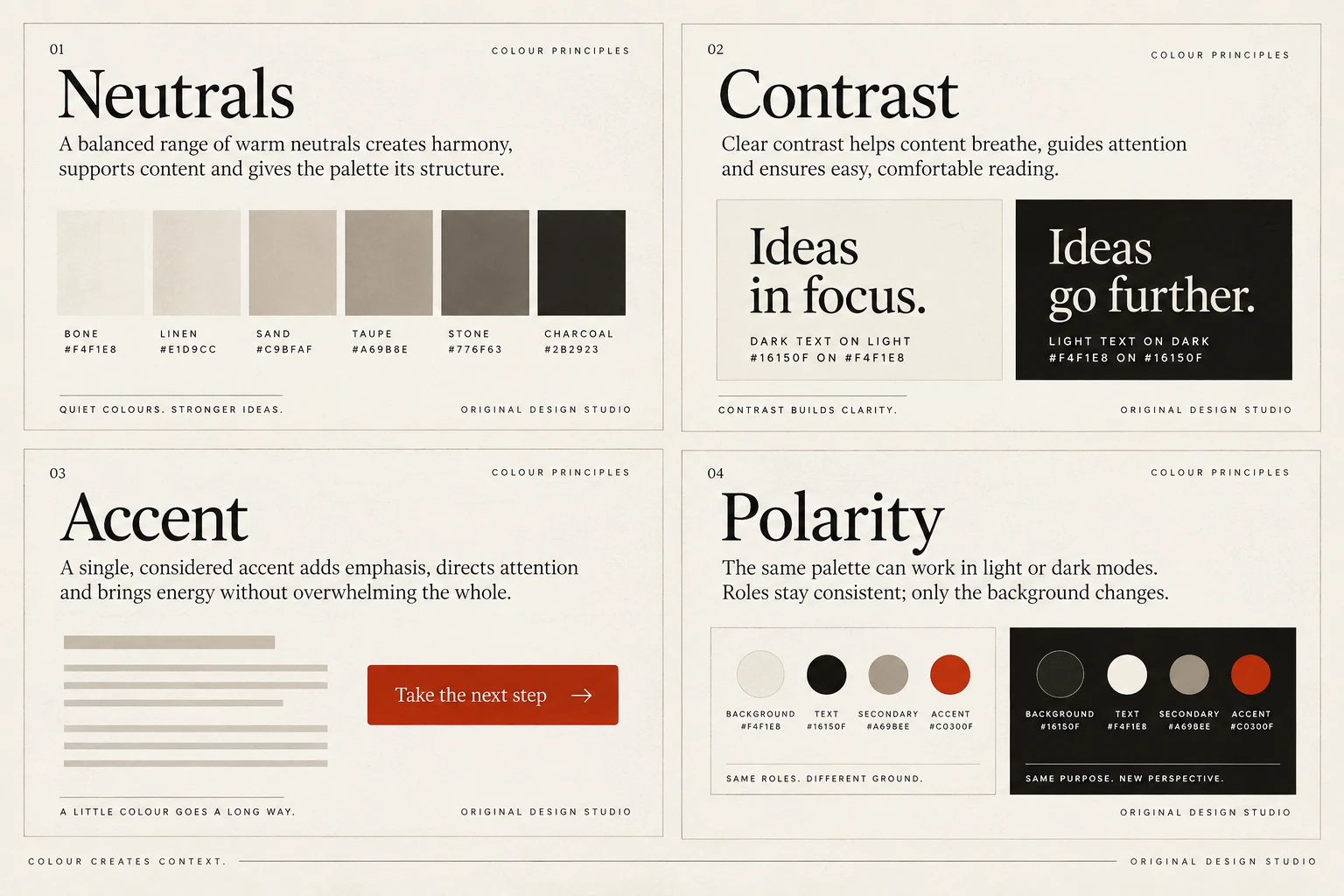 Four visual examples of colour: establish structure before colour; make contrast measurable; give accent colours a consistent role; design light and dark themes deliberately.