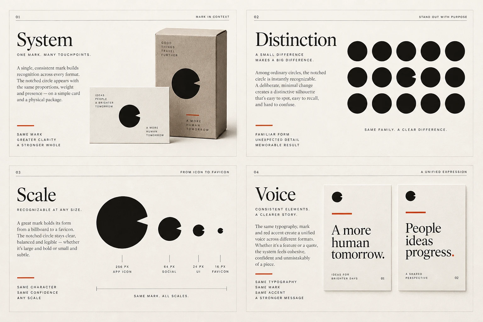 Four visual examples of brand & identity: build an identity others can use; build recognisable distinctions; test the demanding formats early; give your brand a consistent voice.