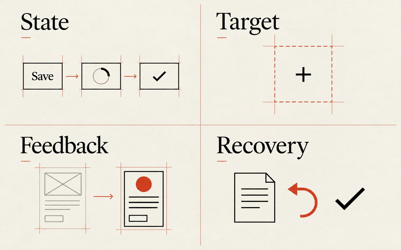 Four visual examples of interface: design the full set of states; make controls easy to hit; make waiting understandable; protect the work people have done.