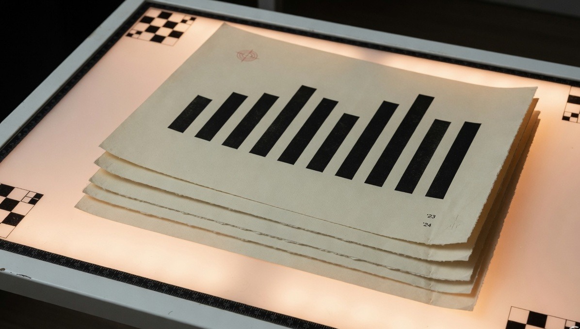 A short stack of identical year-in-review prints on the light table.