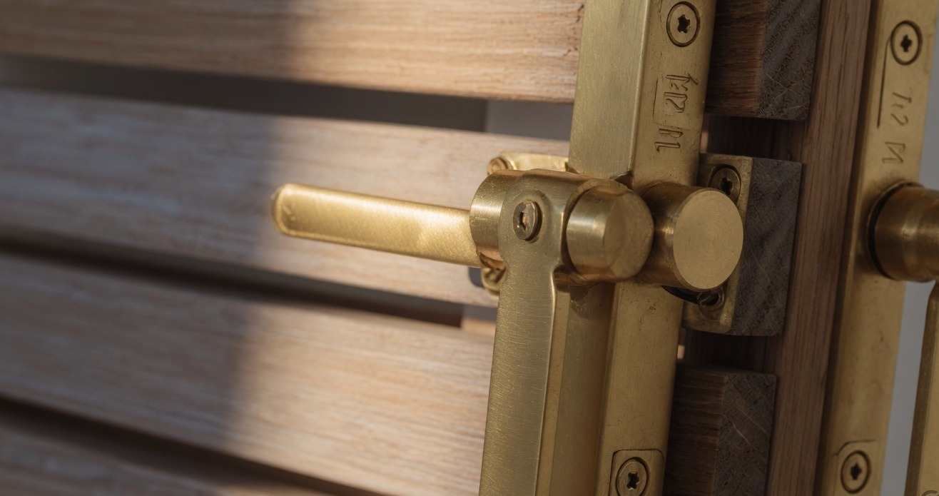 Macro of the brushed-brass handle and bolts on the timber panel.