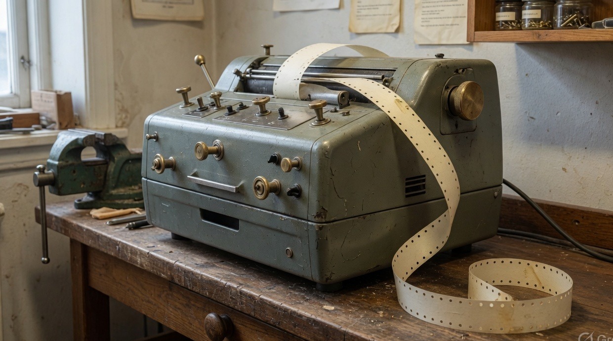 A grey-green 1960s telex filling the frame on a worn oak bench, cream punched tape curling off the roller.