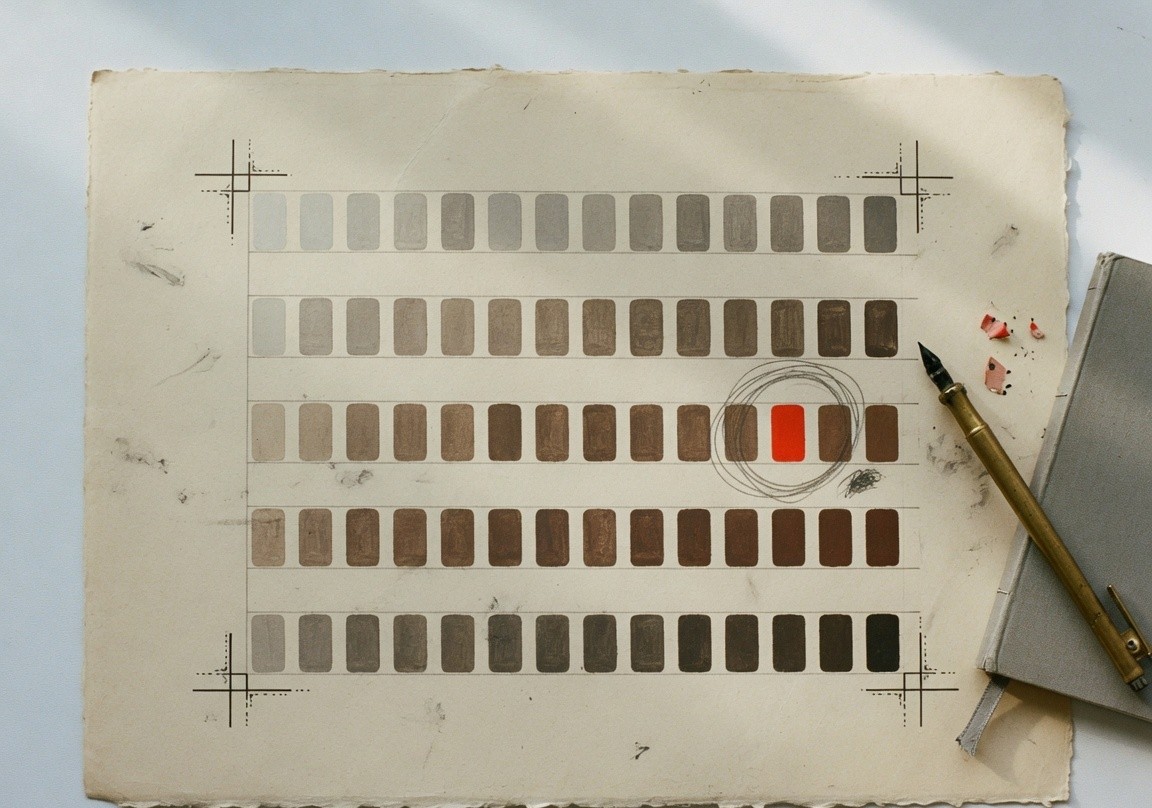 Hand-painted colour chips on bone paper, one vermilion swatch circled.