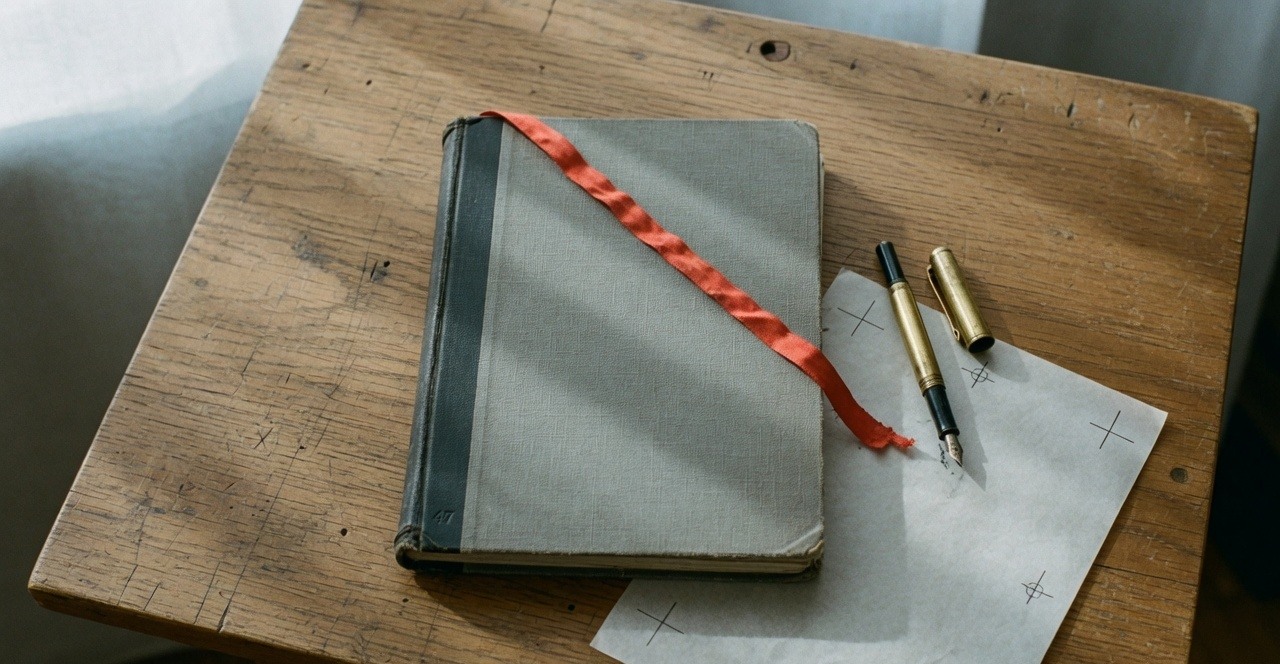A closed grey linen report on a drafting table, vermilion ribbon and a brass pen.